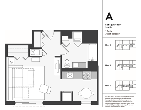 Floor plan for studio, 1 bath, 524 sqft